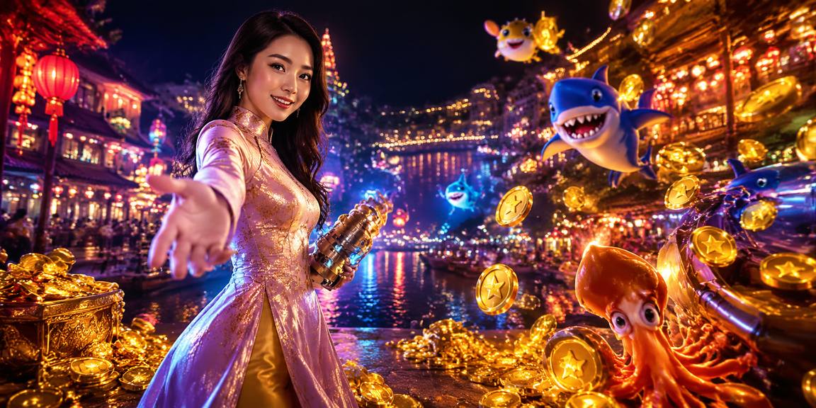 Minh họa trò chơi bắn cá tại casino bee999 với hình ảnh áo dài và đèn lồng Hội An