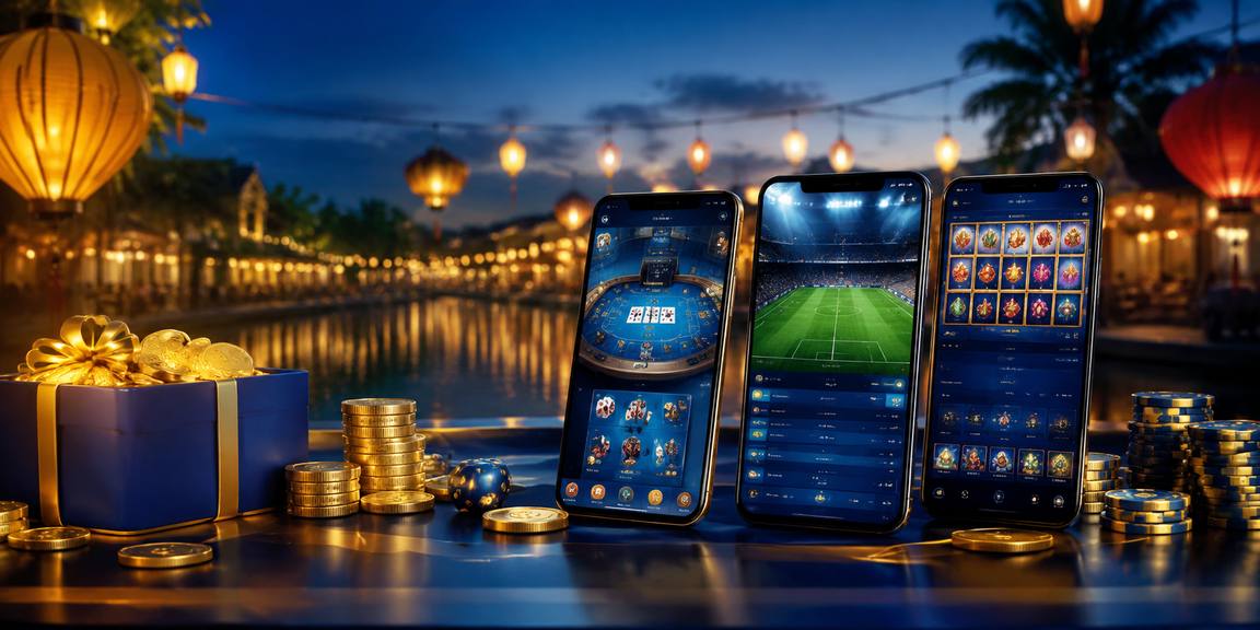 Ứng dụng casino trực tuyến hiển thị trên điện thoại với phông nền đèn lồng Hội An