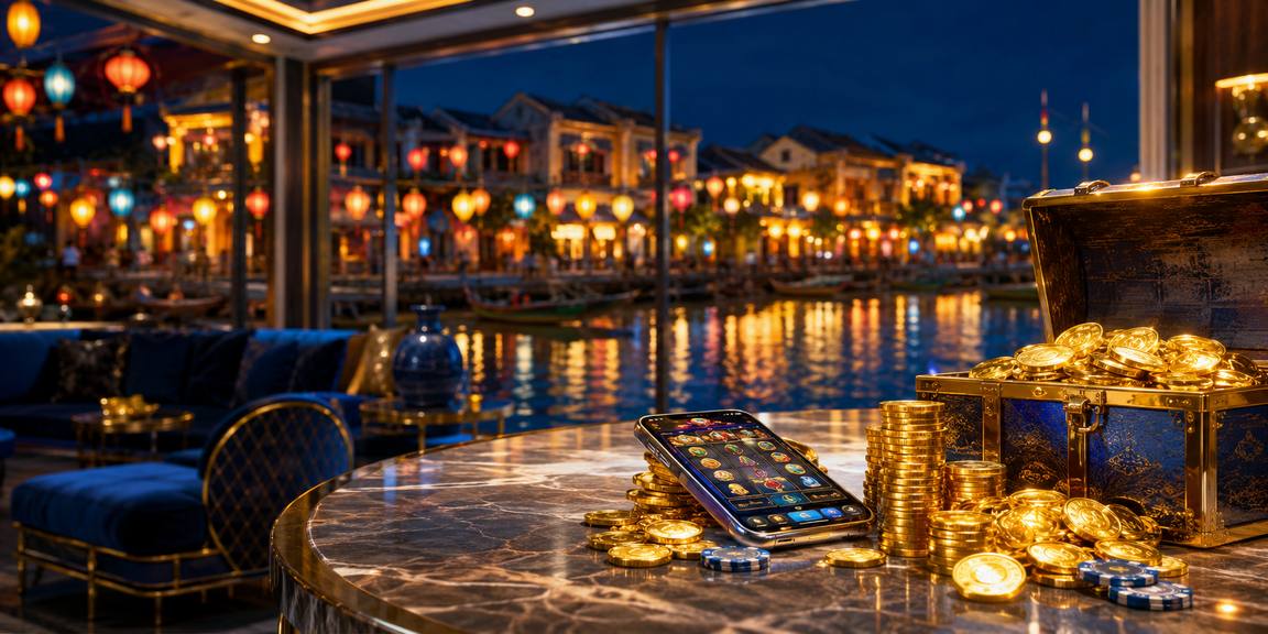 Ứng dụng casino trực tuyến trên điện thoại với phông nền chợ đêm Hội An