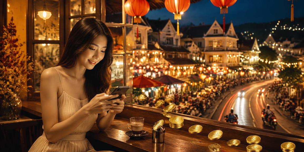 Người dùng Việt Nam chơi casino app trên điện thoại bên tách cà phê phong cách Hội An