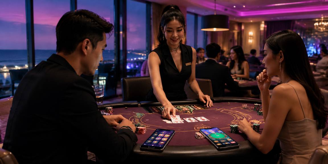 Bàn baccarat neon rực rỡ tại casino trực tuyến Việt Nam – không khí sôi động
